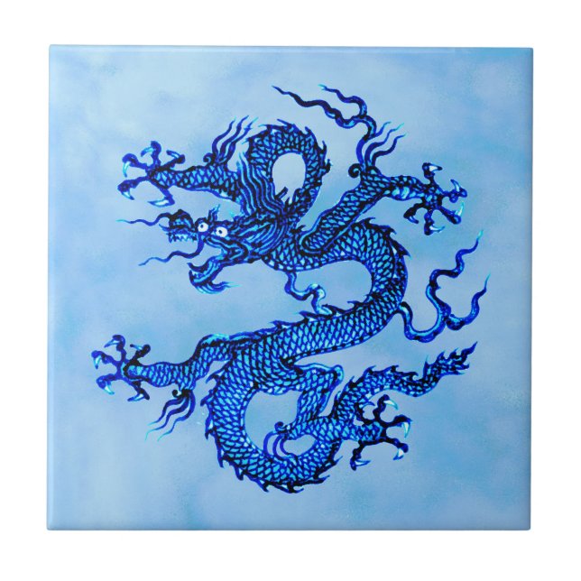 Chinese Dragon, Indigo and Pastel Blue  Ceramic Ti Ceramic Tile (Front)