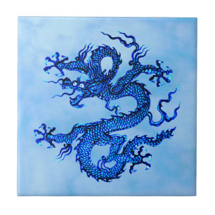 Chinese Dragon, Indigo and Pastel Blue  Ceramic Ti Tile