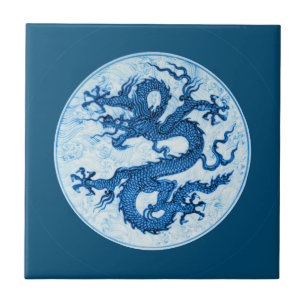 Chinese Dragon, Indigo Blue and White  Ceramic Til Ceramic Tile