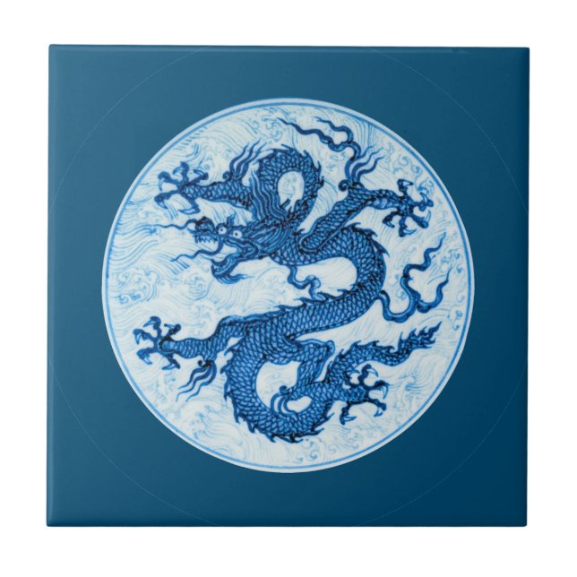 Chinese Dragon, Indigo Blue and White  Ceramic Til Tile (Front)
