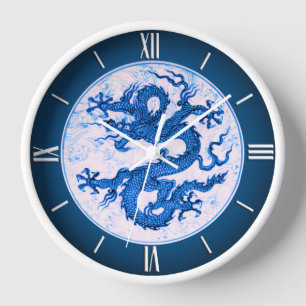 Chinese Dragon, Indigo Blue and White  Clock