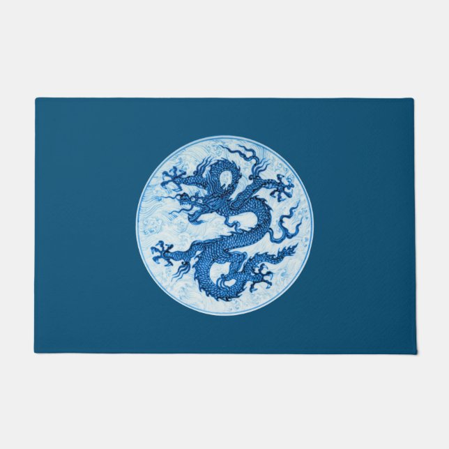 Chinese Dragon, Indigo Blue and White  Doormat (Front)