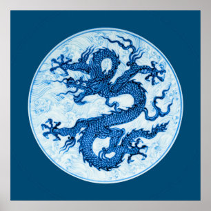 Chinese Dragon, Indigo Blue and White  Poster