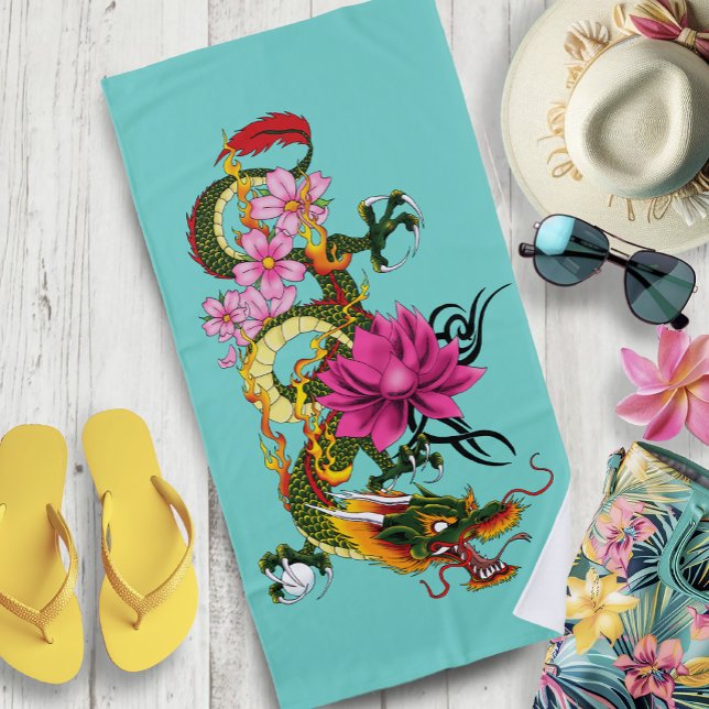 Chinese Dragon Lotus Cherry Blossoms Beach Towel (Creator Uploaded)