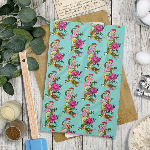 Chinese Dragon Lotus Cherry Blossoms Tea Towel