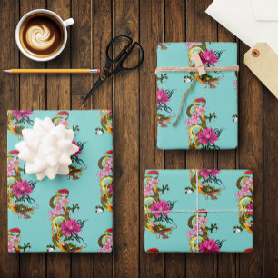 Chinese Dragon Lotus Flower Cherry Blossoms Wrapping Paper Sheet