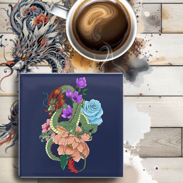 Chinese Dragon Navy Blue Flowers Glass Coaster (Creator Uploaded)