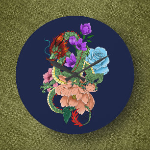 Chinese Dragon Navy Blue Flowers Large Clock