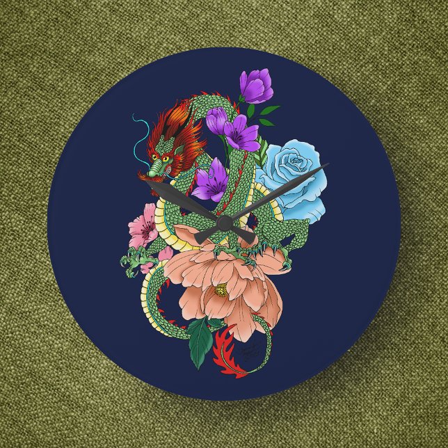 Chinese Dragon Navy Blue Flowers Large Clock (Creator Uploaded)