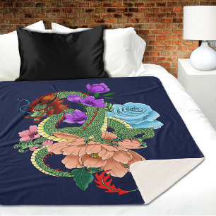 Chinese Dragon Navy Blue Flowers Sherpa Blanket