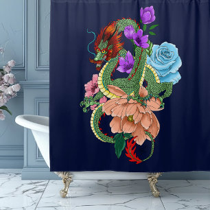 Chinese Dragon Navy Blue Flowers Shower Curtain