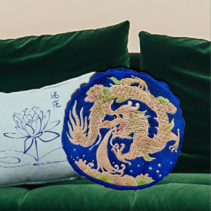 Chinese Dragon on Cobalt Blue Round Throw Pillow