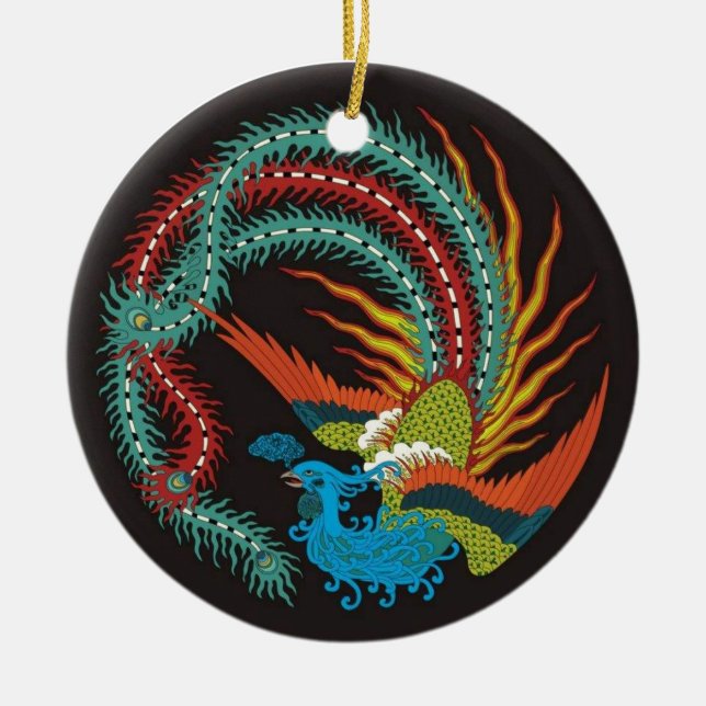 "Chinese Dragon-Peacock designed Ornament" Ceramic Ornament (Front)