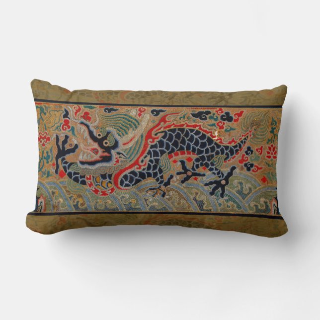 Chinese Dragon Symbol Antique Asian Lumbar Cushion (Front)