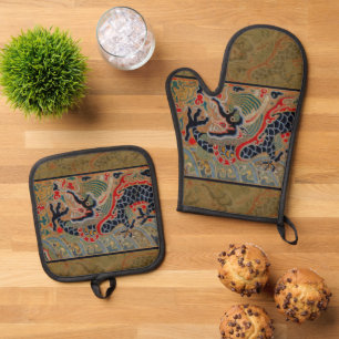 Chinese Dragon Symbol Antique Asian Oven Mitt & Pot Holder Set