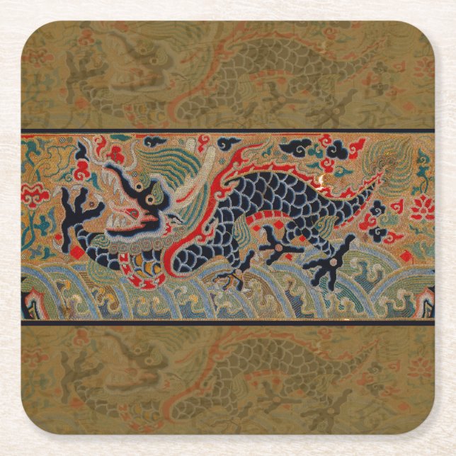 Chinese Dragon Symbol Antique Asian Square Paper Coaster (Front)