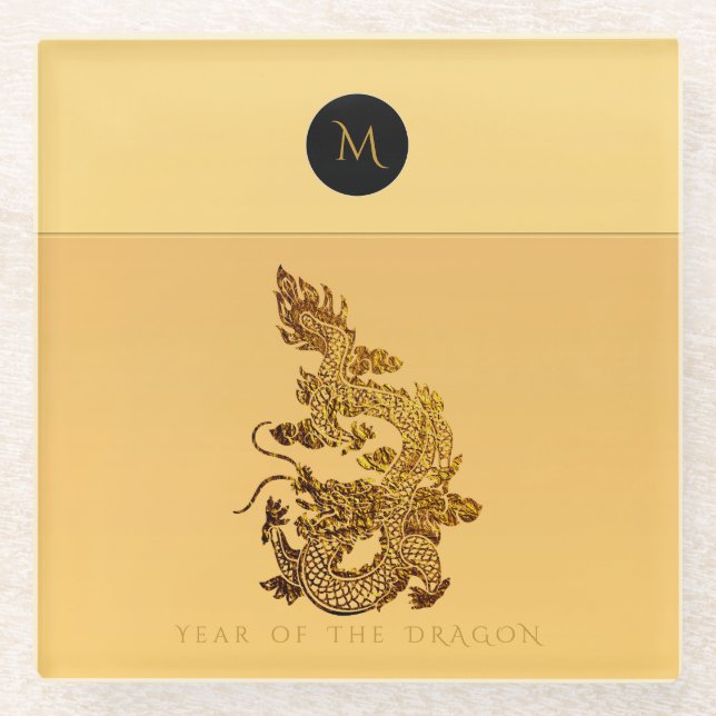 Chinese Dragon Year 2024 Elegant Monogram GlSC Glass Coaster (Front)