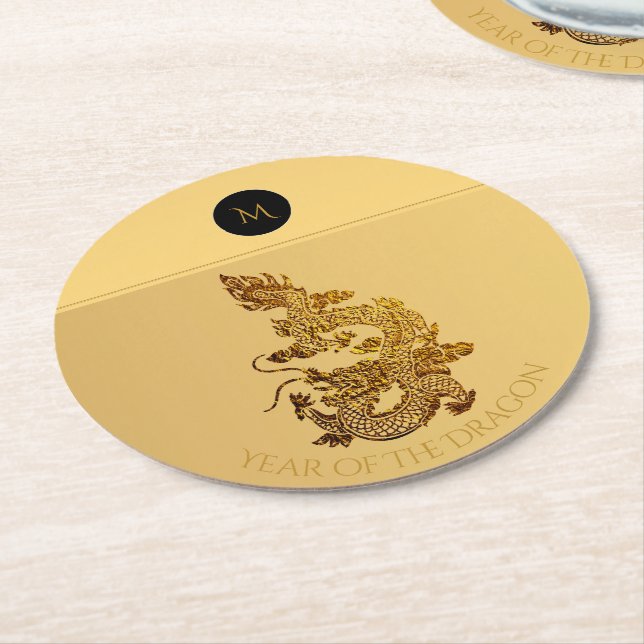 Chinese Dragon Year 2024 Elegant Monogram RPapC Round Paper Coaster (Angled)