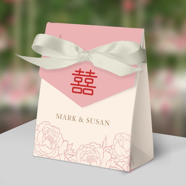 Chinese Elegant Double Happiness Peonies Wedding Favour Box (Ivory Ribbon is not included)