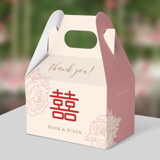 Chinese Elegant Double Happiness Peonies Wedding Favour Box (FRONT)