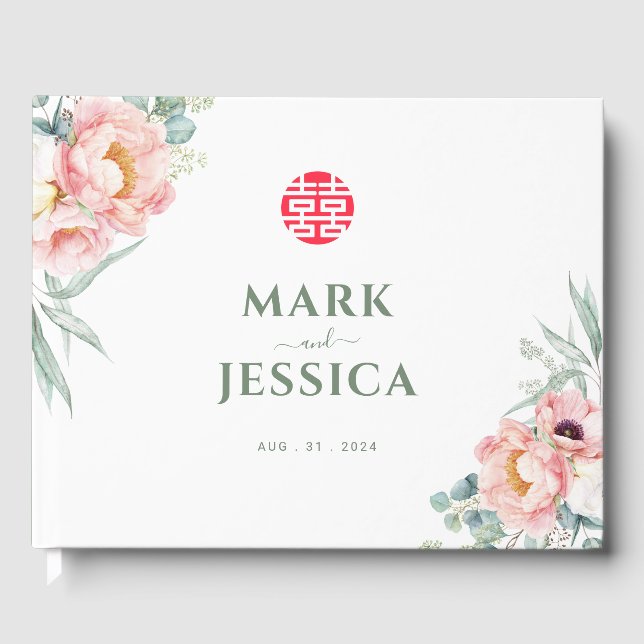 Chinese Elegant Double Happiness/Song Hy Wedding  Guest Book (Front)