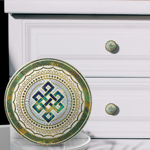 Chinese Endless Knot Blue Marble and Gold Ceramic Knob