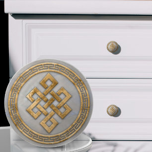 Chinese Endless Knot Pearl and Gold Ceramic Knob