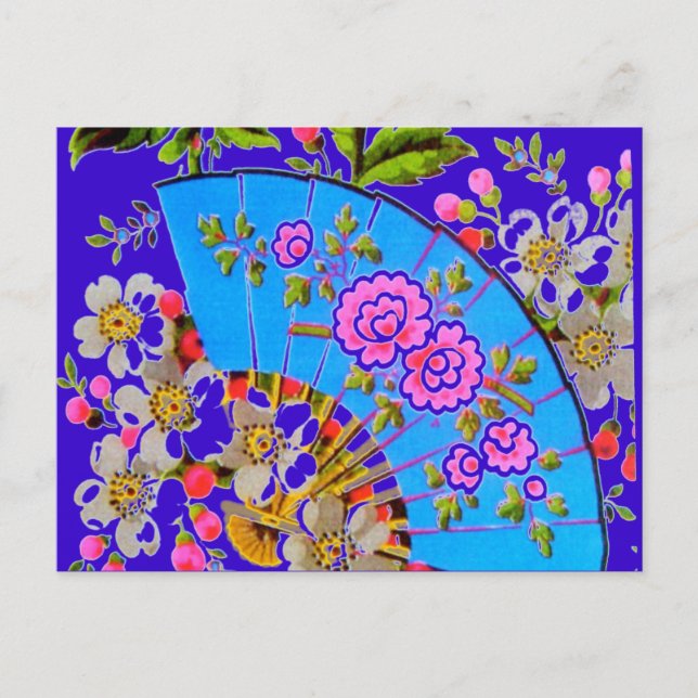 Chinese Fan Blue "save the date" Postcard (Front)