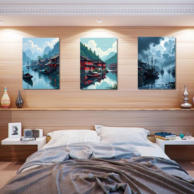 Chinese Fishing Village Oriental Print Set of 3 (Creator Uploaded)