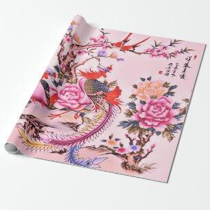 Chinese Floral Birds Pink Chinoiserie Decoupage Wrapping Paper