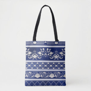 Chinese Floral Blue: Vintage Watercolor Borders Tote Bag