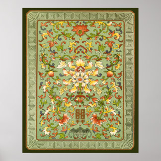 Chinese Floral Peony Scrolls on Jade Poster