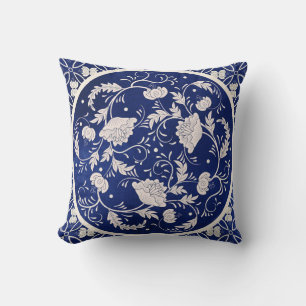 Chinese Floral Round: Blue Watercolor Vintage Cushion