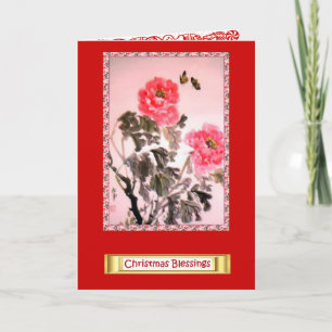 Chinese Flowers, Christmas Blessings 3 Holiday Card