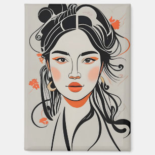Chinese girl drawn with black ink pen, geisha magnet