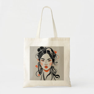 Chinese girl drawn with black ink pen, geisha tote bag
