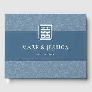 Chinese Greyish Blue Double Happiness Wedding Guest Book