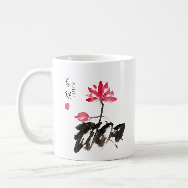 Chinese Hand painted Watercolor Floral Lotus Coffee Mug (Left)