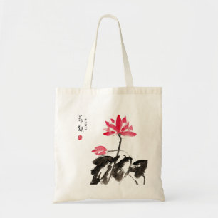 Chinese Hand painted Watercolor Floral Lotus  Tote