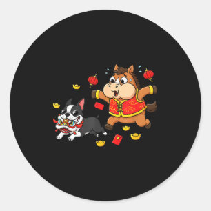 Chinese Horse Boston Terrier Kids Mens Womens Happ Classic Round Sticker