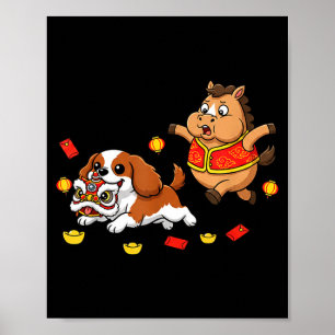 Chinese Horse Cavalier King Charles Spaniel Happy Poster