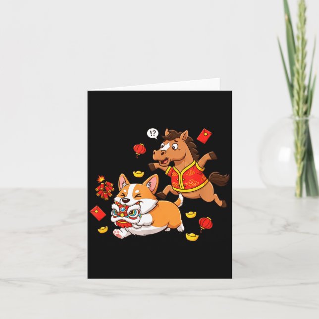 Chinese Horse Corgi Funny Kids Mens Womens Happy N Card (Front)