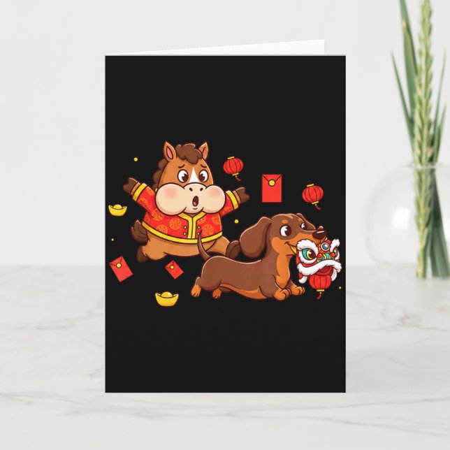 Chinese Horse Dachshund Funny Kid Mens Womens Happ Card (Front)