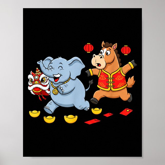 Chinese Horse Elephant Funny Kids Mens Womens Happ Poster (Front)