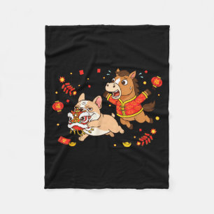 Chinese Horse French Bulldog Kids Mens Womens Happ Fleece Blanket