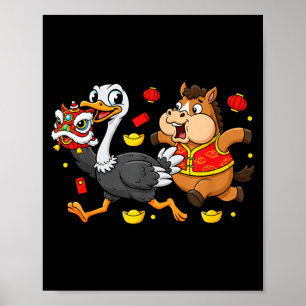 Chinese Horse Ostrich Funny Kids Mens Womens Happy Poster