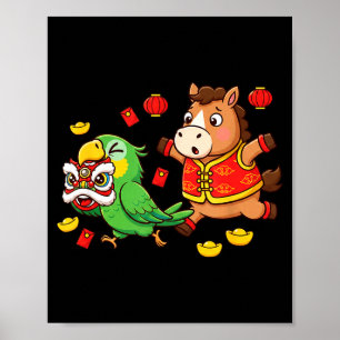 Chinese Horse Parrot Funny Kids Mens Womens Happy Poster