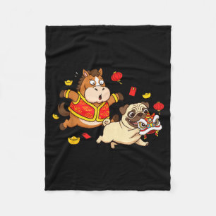 Chinese Horse Pug Funny Kids Mens Womens Happy New Fleece Blanket