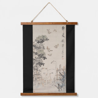 Chinese Ink and Color Painting Cat and Butterfly  Hanging Tapestry