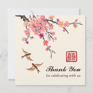 Chinese Ink painting flowers and birds wedding Thank You Card